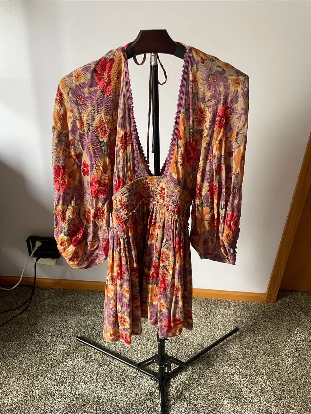Free People Floral V-Neck Empire Mini Dress - Purple & Red & Yellow